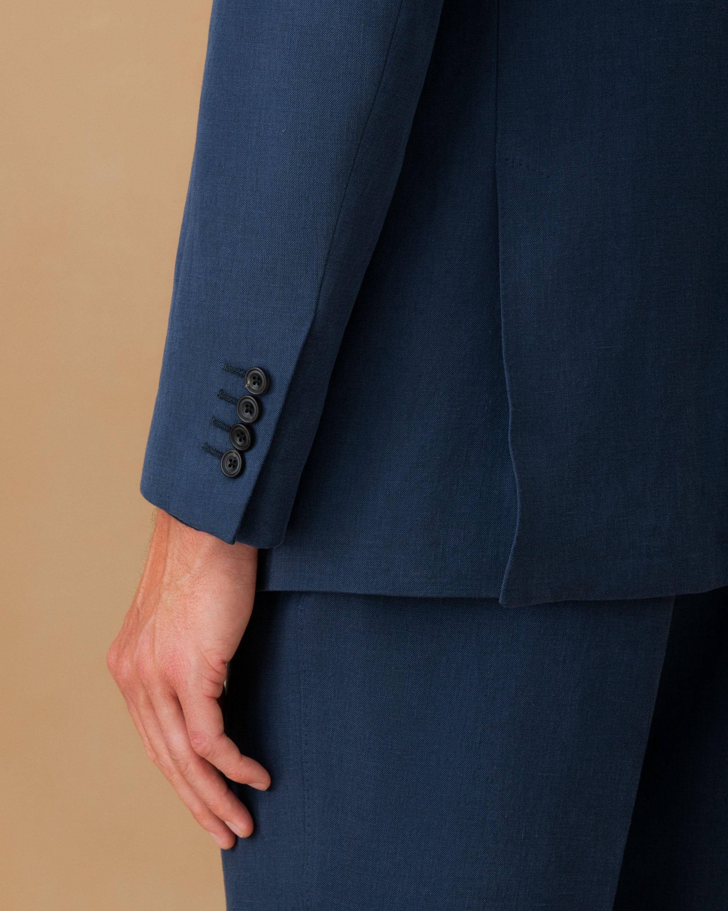 Linen Single Breasted Suit Mid Blue Jacket Button Model Image