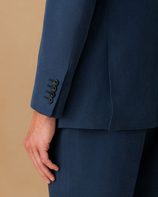 Linen Single Breasted Suit Mid Blue Jacket Button Model Image