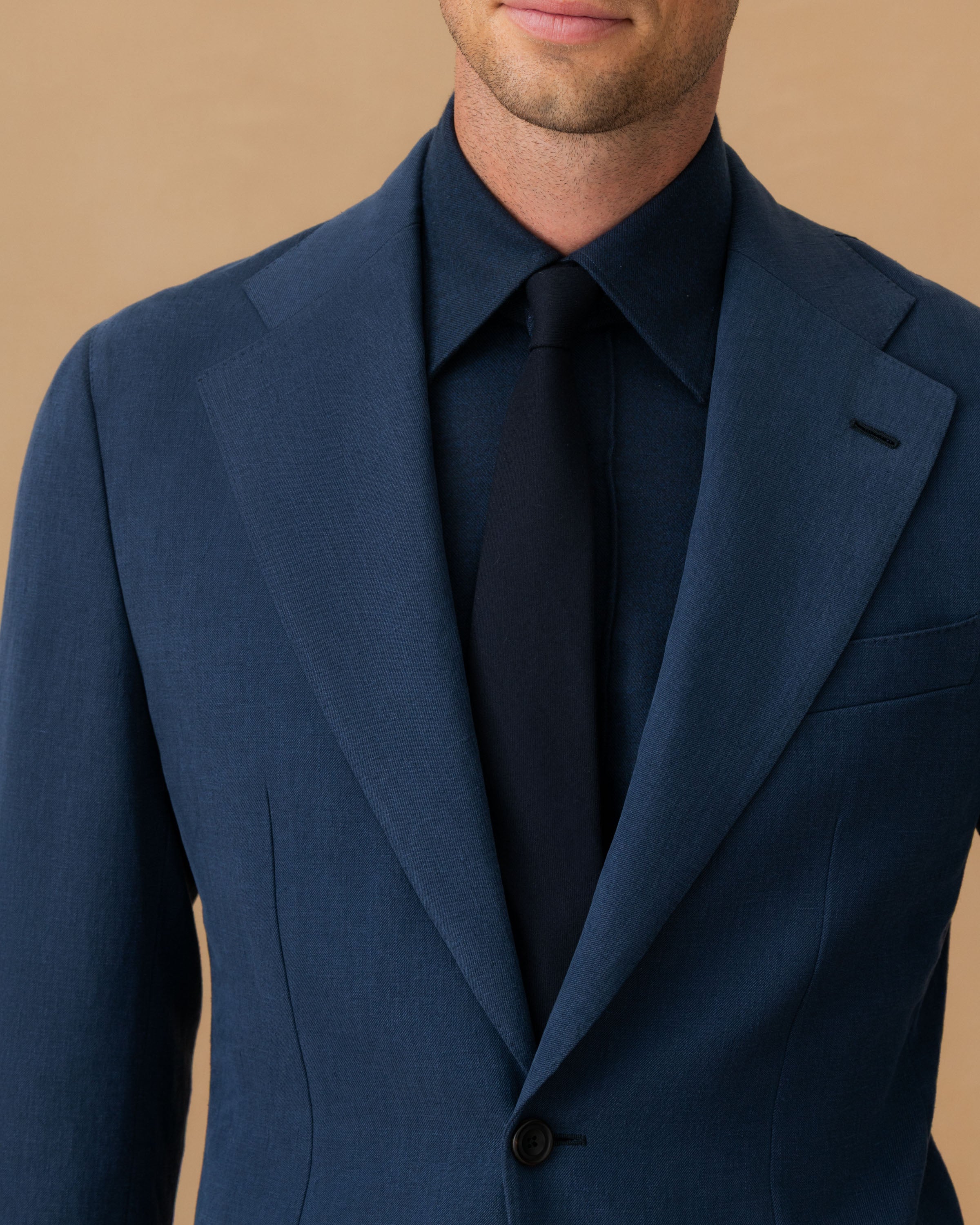 Linen Single Breasted Suit Mid Blue Jacket Lapel Model Image