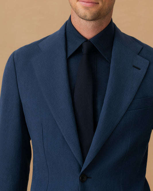 Linen Single Breasted Suit Mid Blue Jacket Lapel Model Image