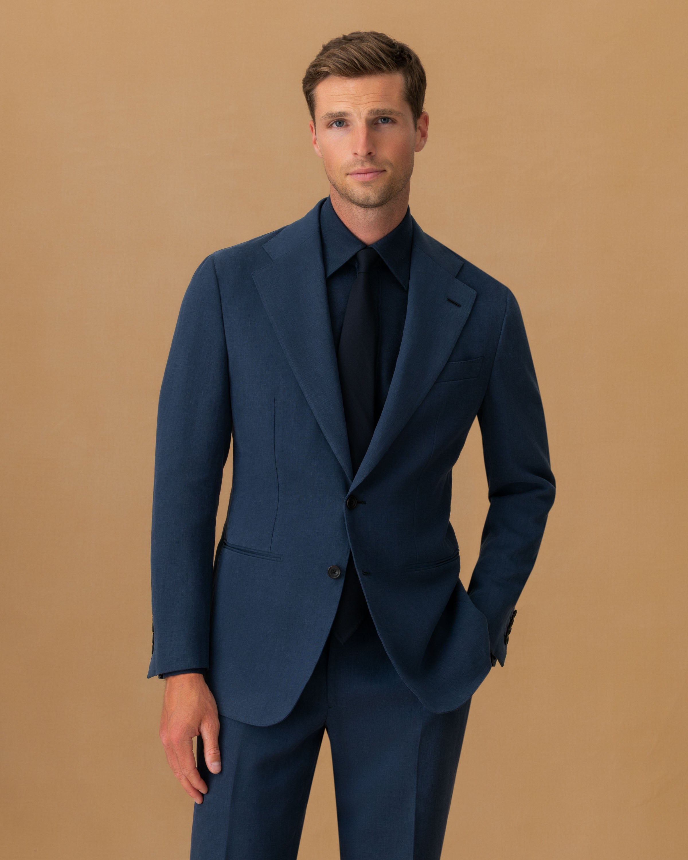 Linen Single Breasted Suit Mid Blue Jacket Cropped Model Image