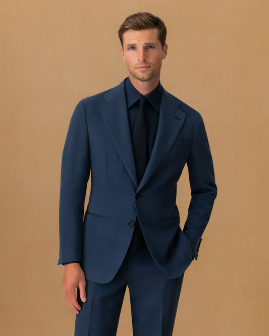 Linen Single Breasted Suit Mid Blue Jacket Cropped Model Image