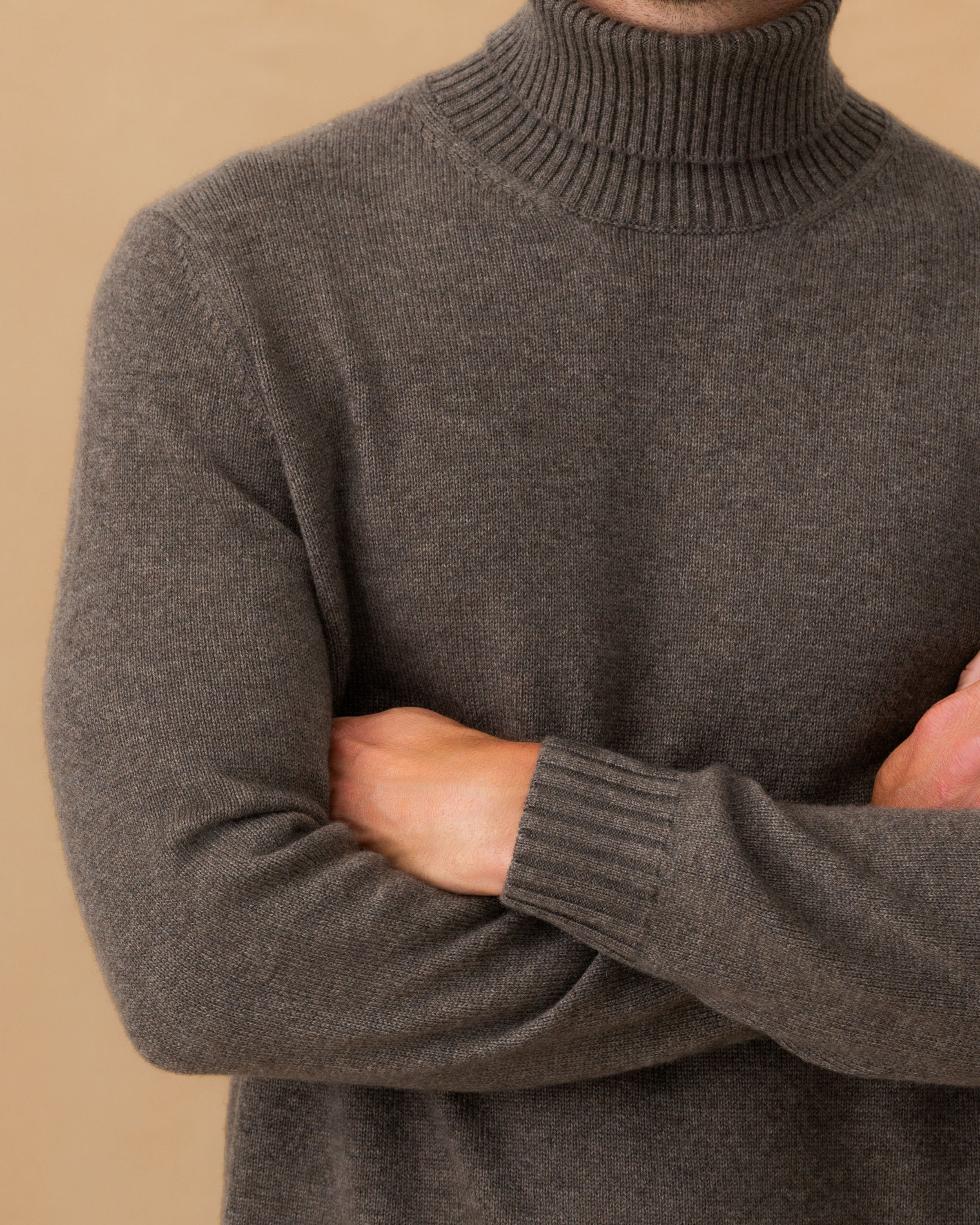 Cashmere Roll Neck Sweater Mid Brown Sleeve Model Image