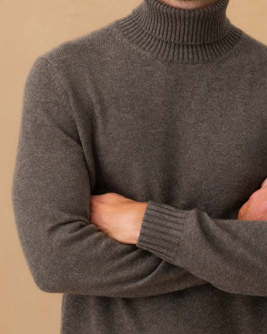 Cashmere Roll Neck Sweater Mid Brown Sleeve Model Image