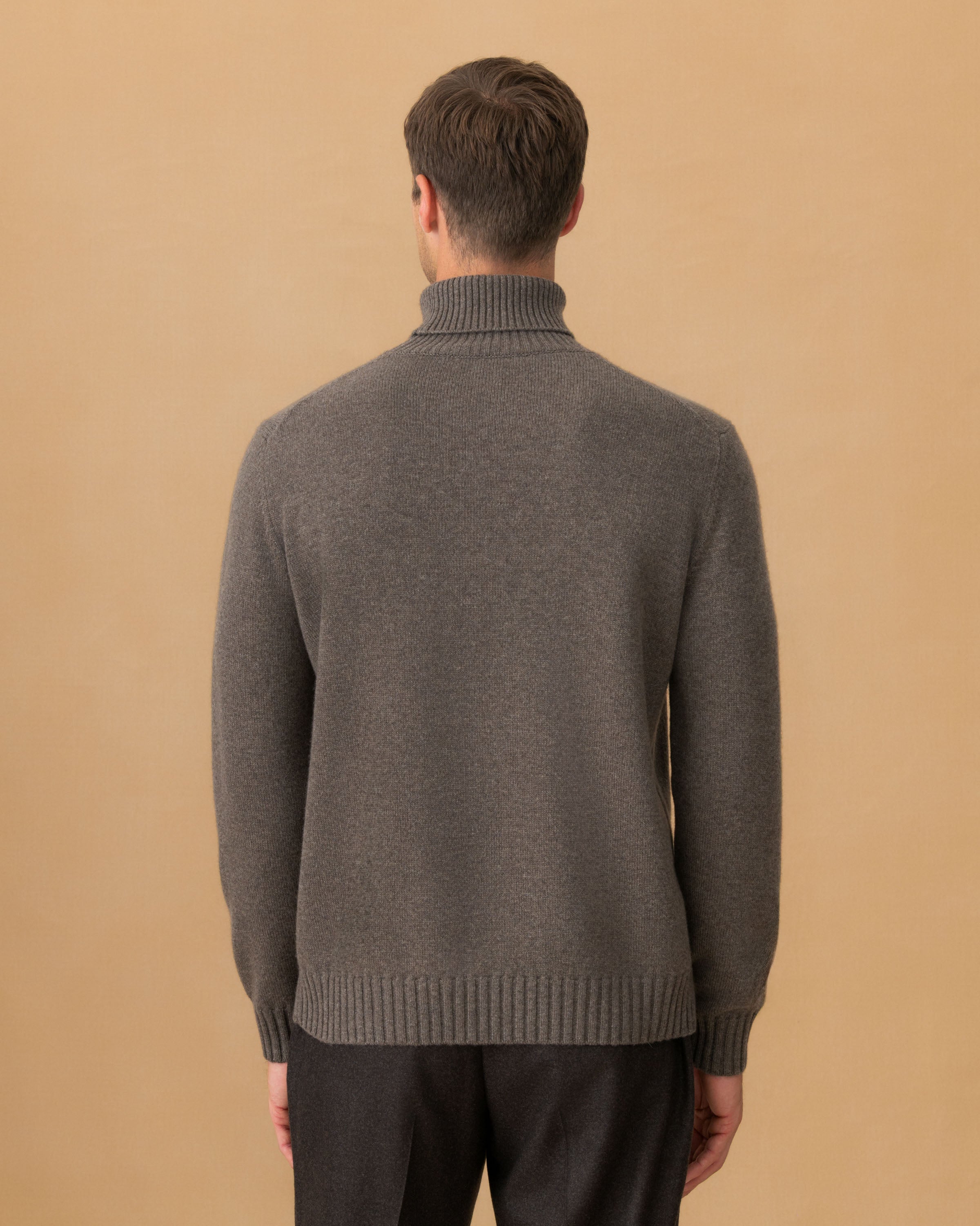 Cashmere Roll Neck Sweater Mid Brown Back Model Image