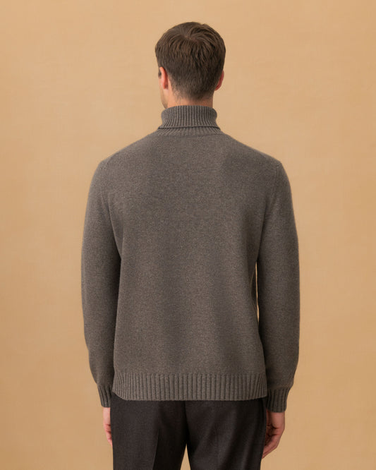 Cashmere Roll Neck Sweater Mid Brown Back Model Image