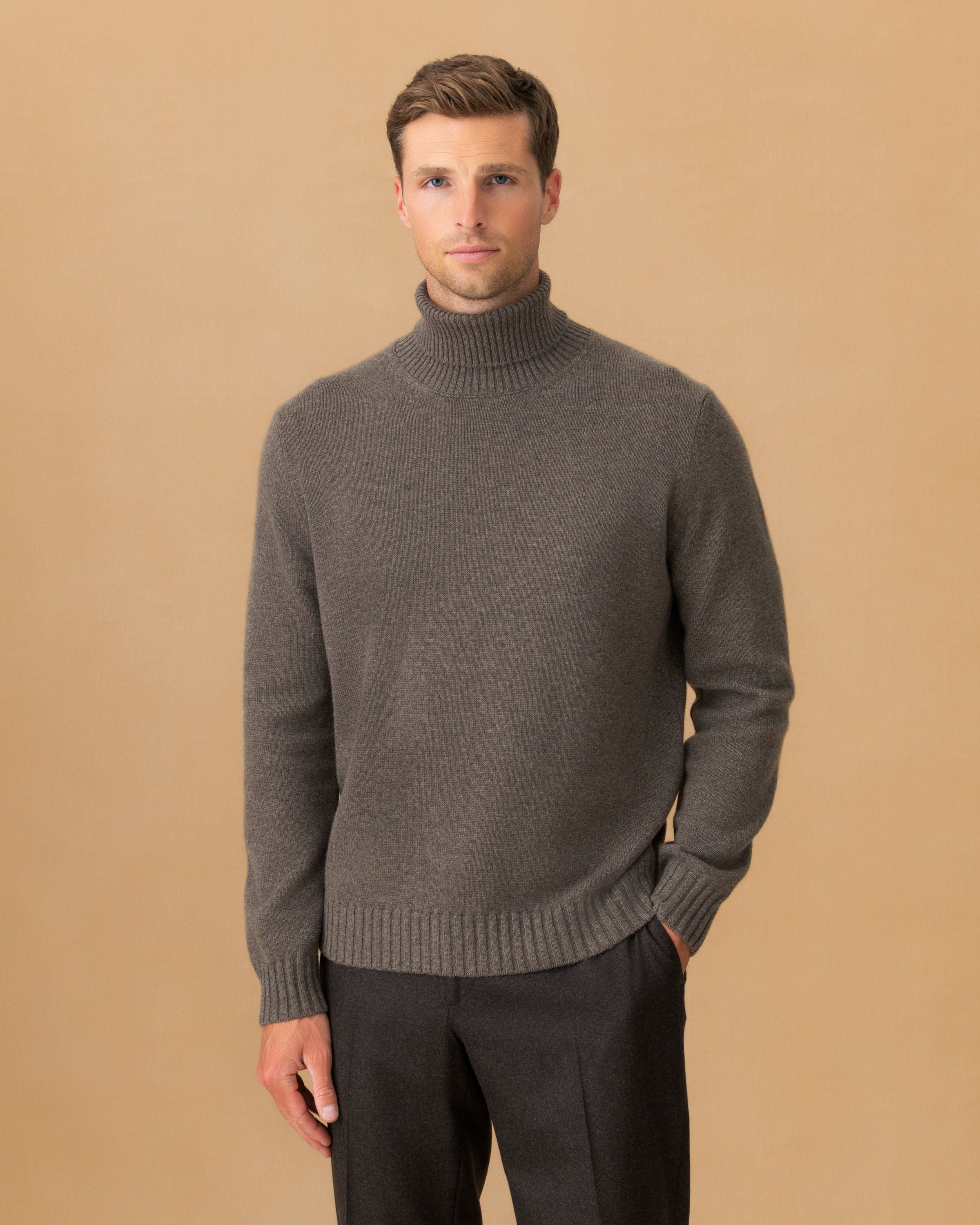 Cashmere Roll Neck Sweater Mid Brown Cropped Model Image