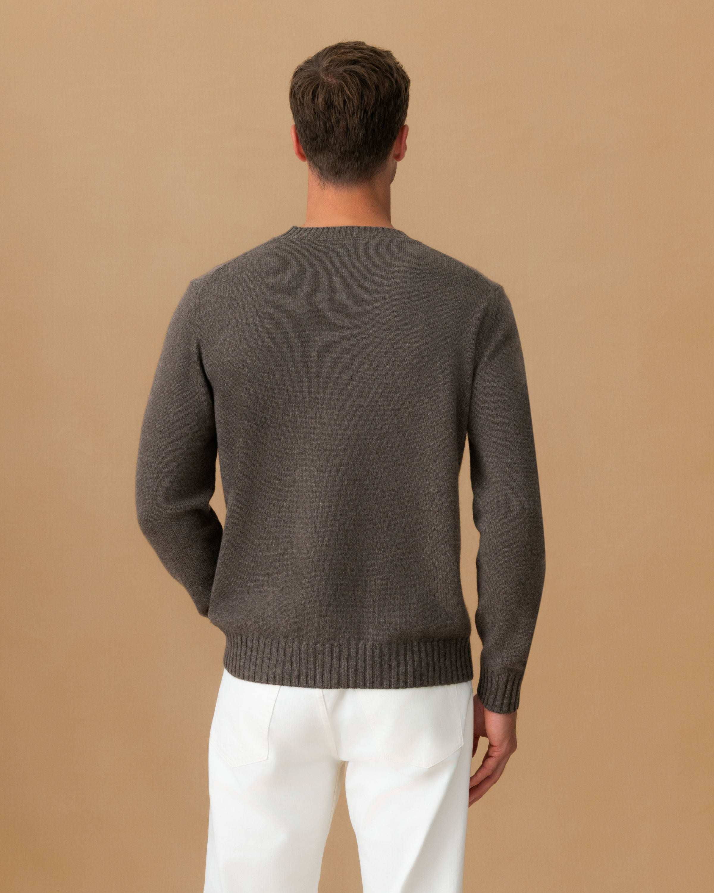 Cashmere Crew Neck Sweater Mid Brown Back Model Image
