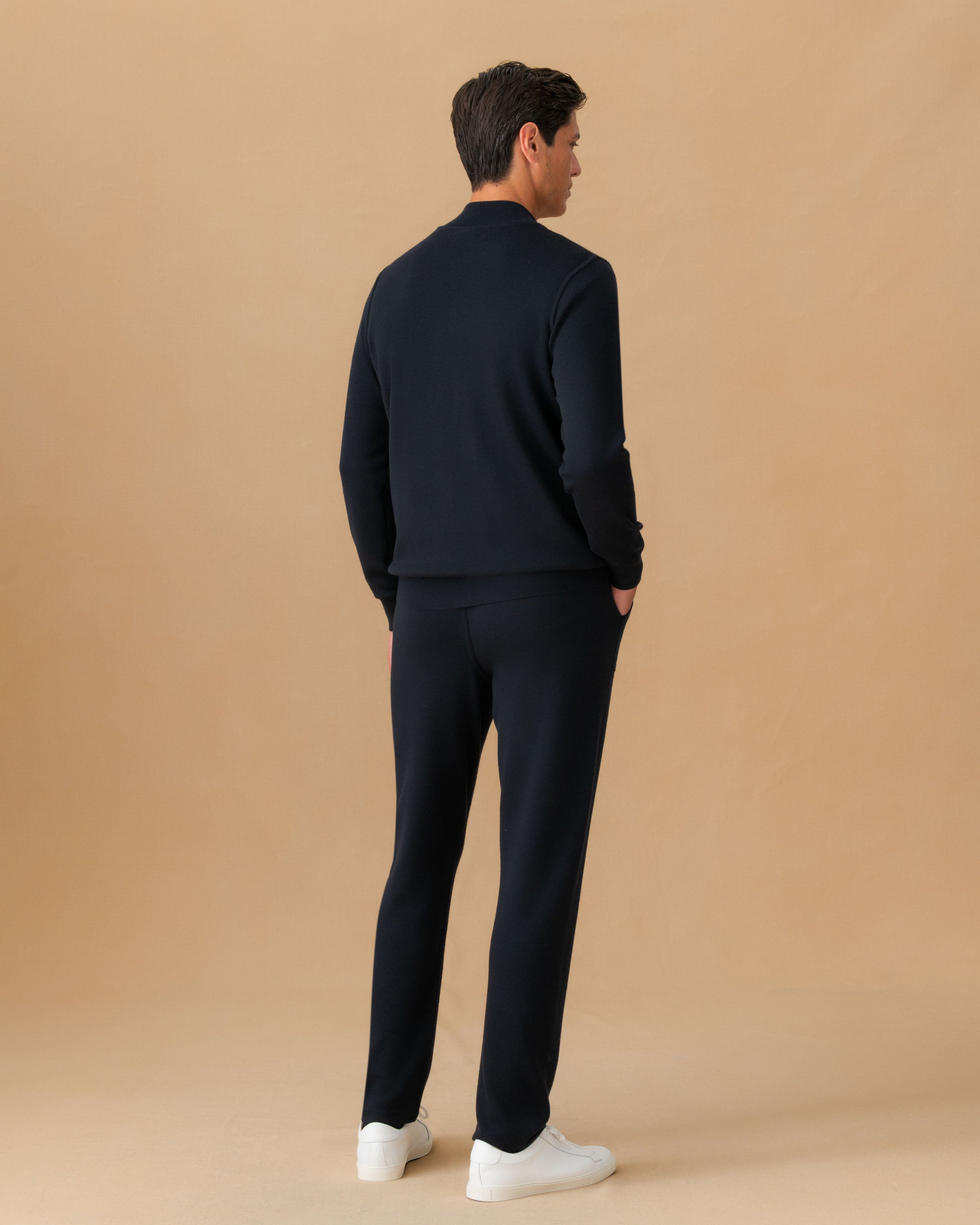 Virgin Wool Zip-Through Knit Bomber Navy Back Model Image