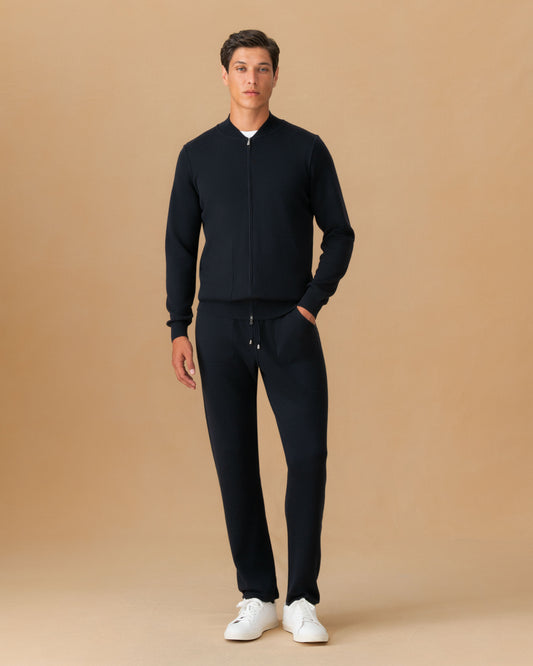 Virgin Wool Zip-Through Knit Bomber Navy Main Model Image