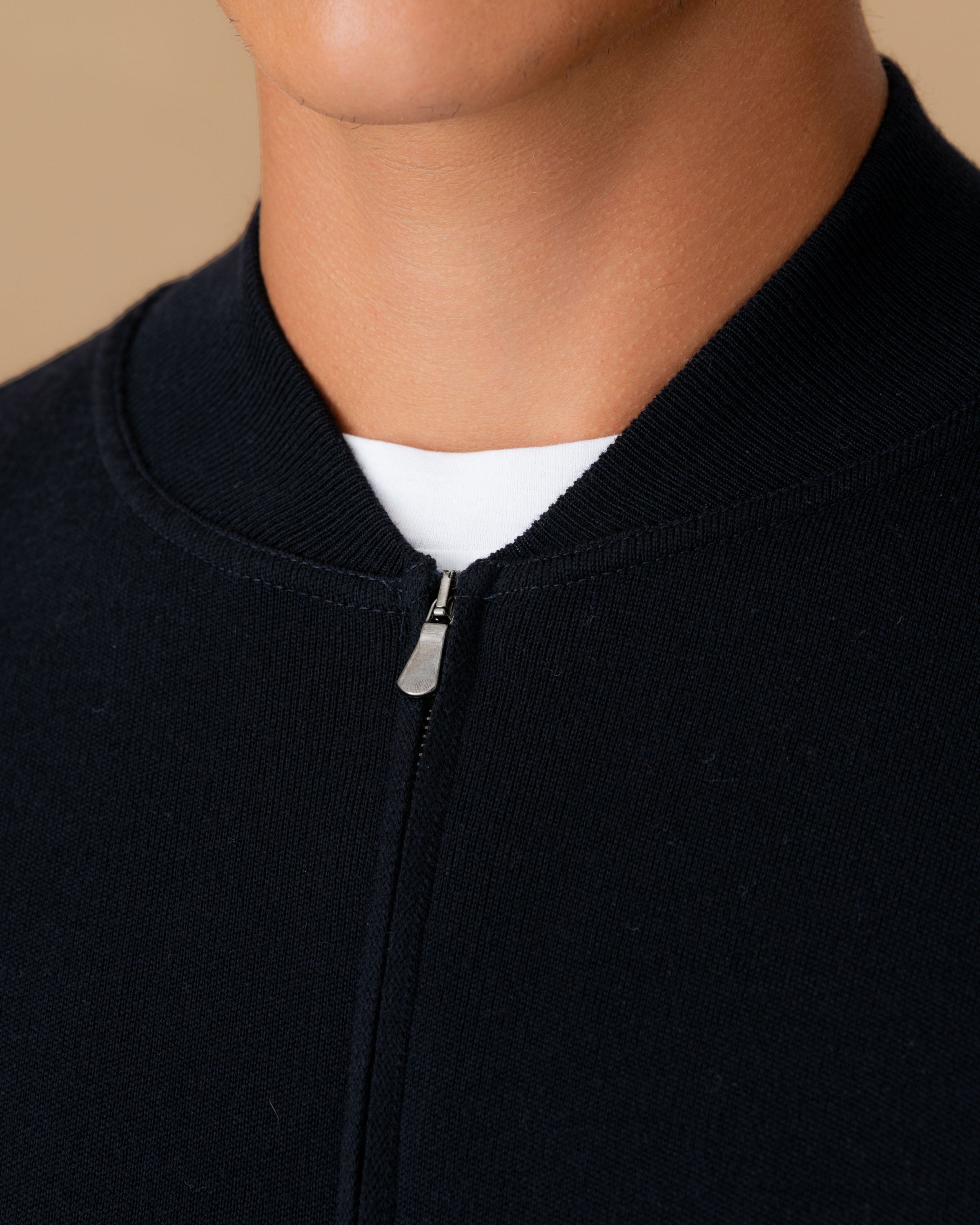 Virgin Wool Zip-Through Knit Bomber Navy Collar Model Image