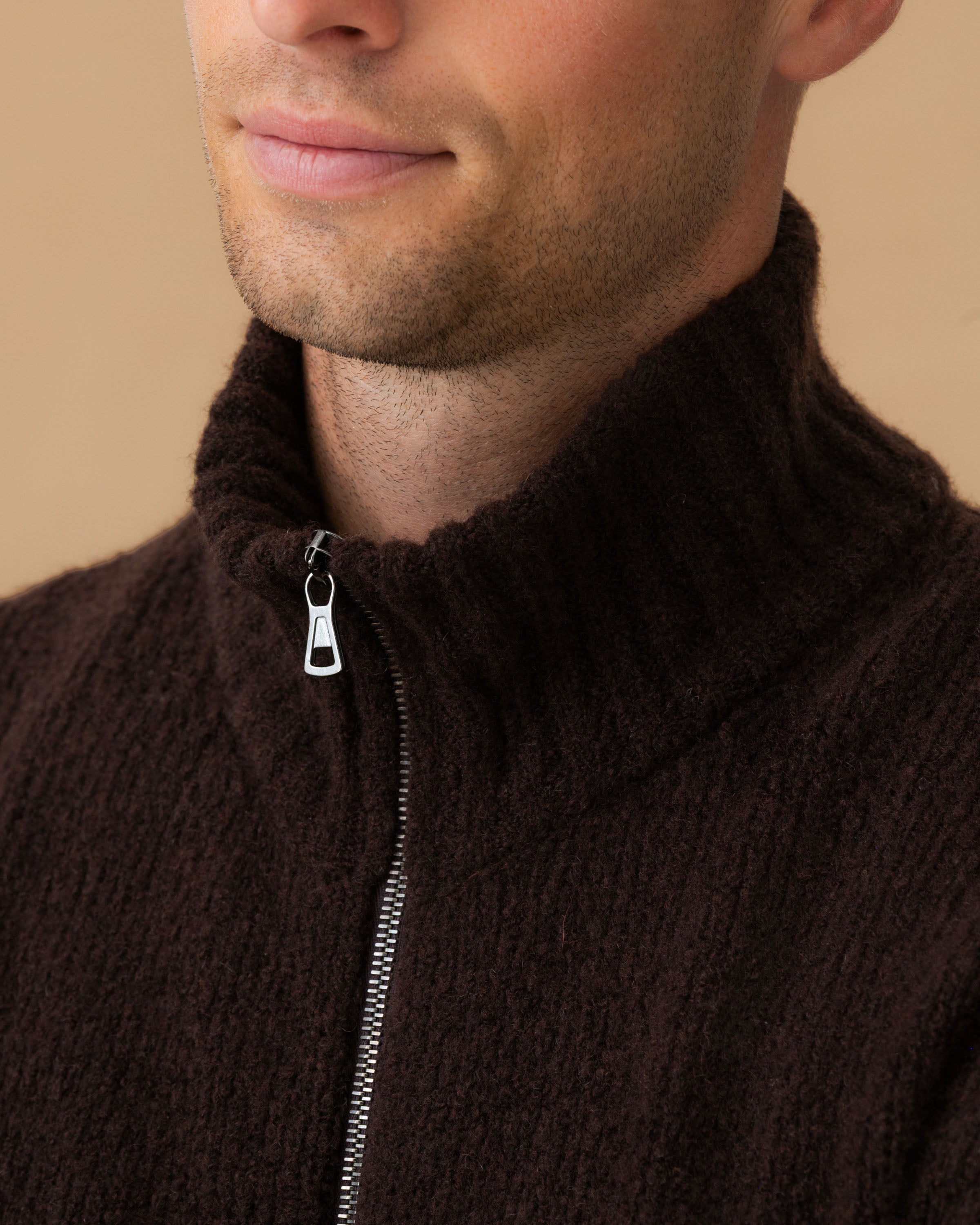 Felted Wool Cashmere Zip-Through Sweater Ebano Neck Model Image