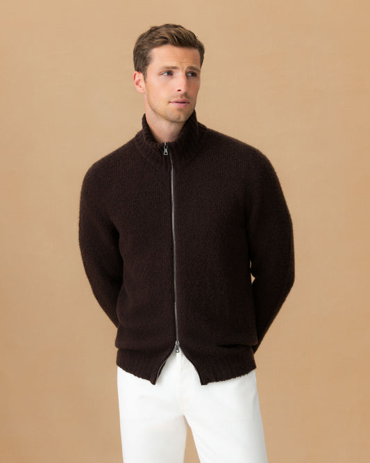 Felted Wool Cashmere Zip-Through Sweater Ebano Cropped Model Image