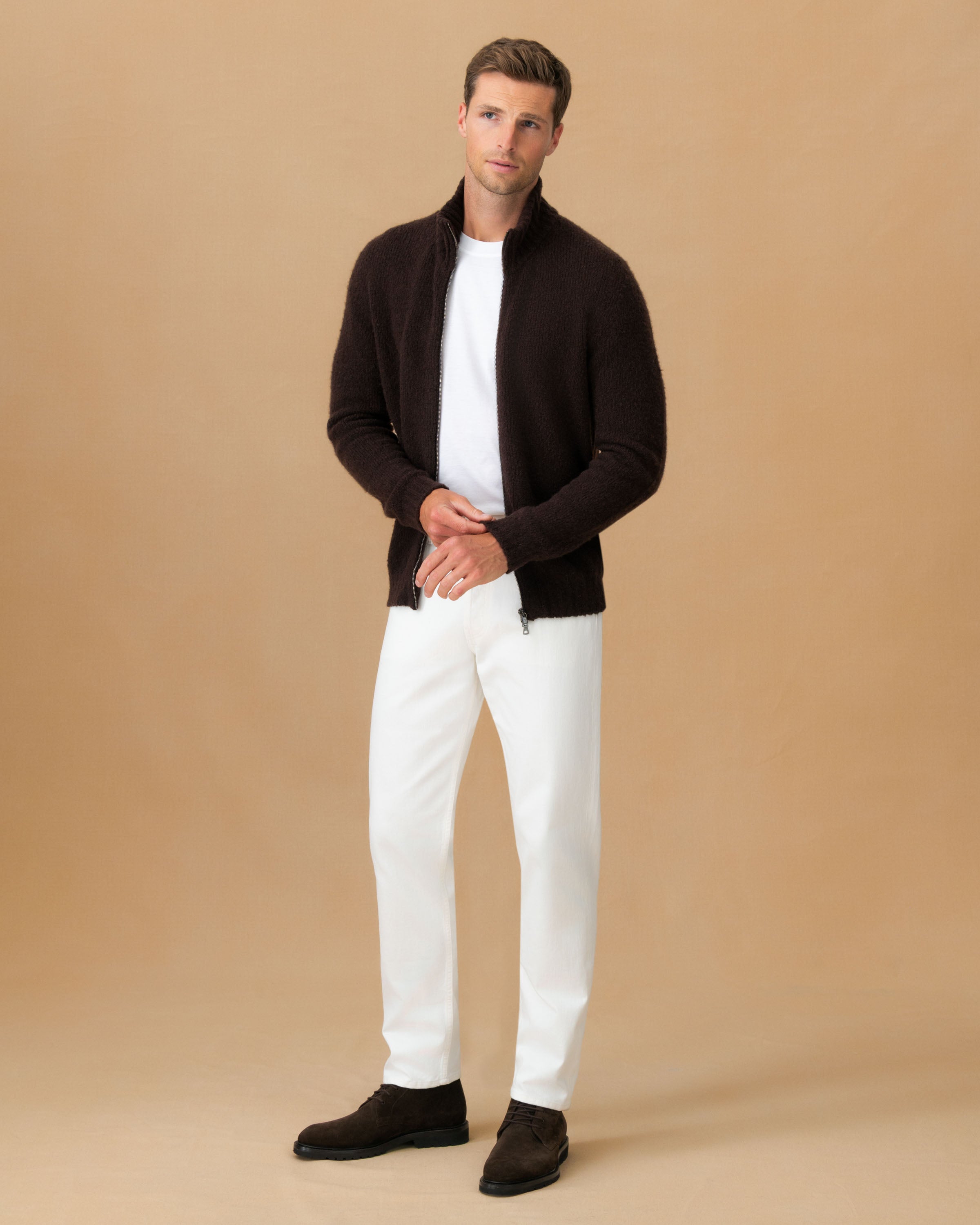 Felted Wool Cashmere Zip-Through Sweater Ebano Main Model Image