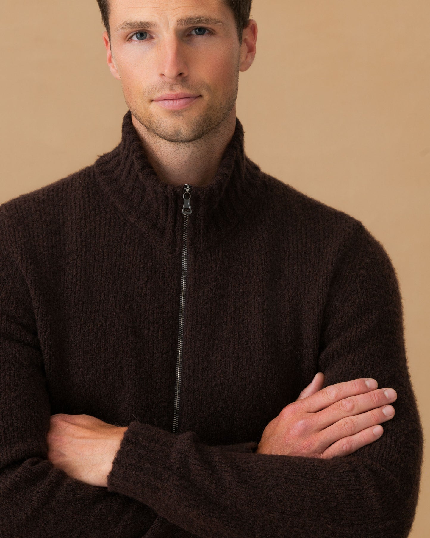 Felted Wool Cashmere Zip-Through Sweater Ebano Sleeve Model Image
