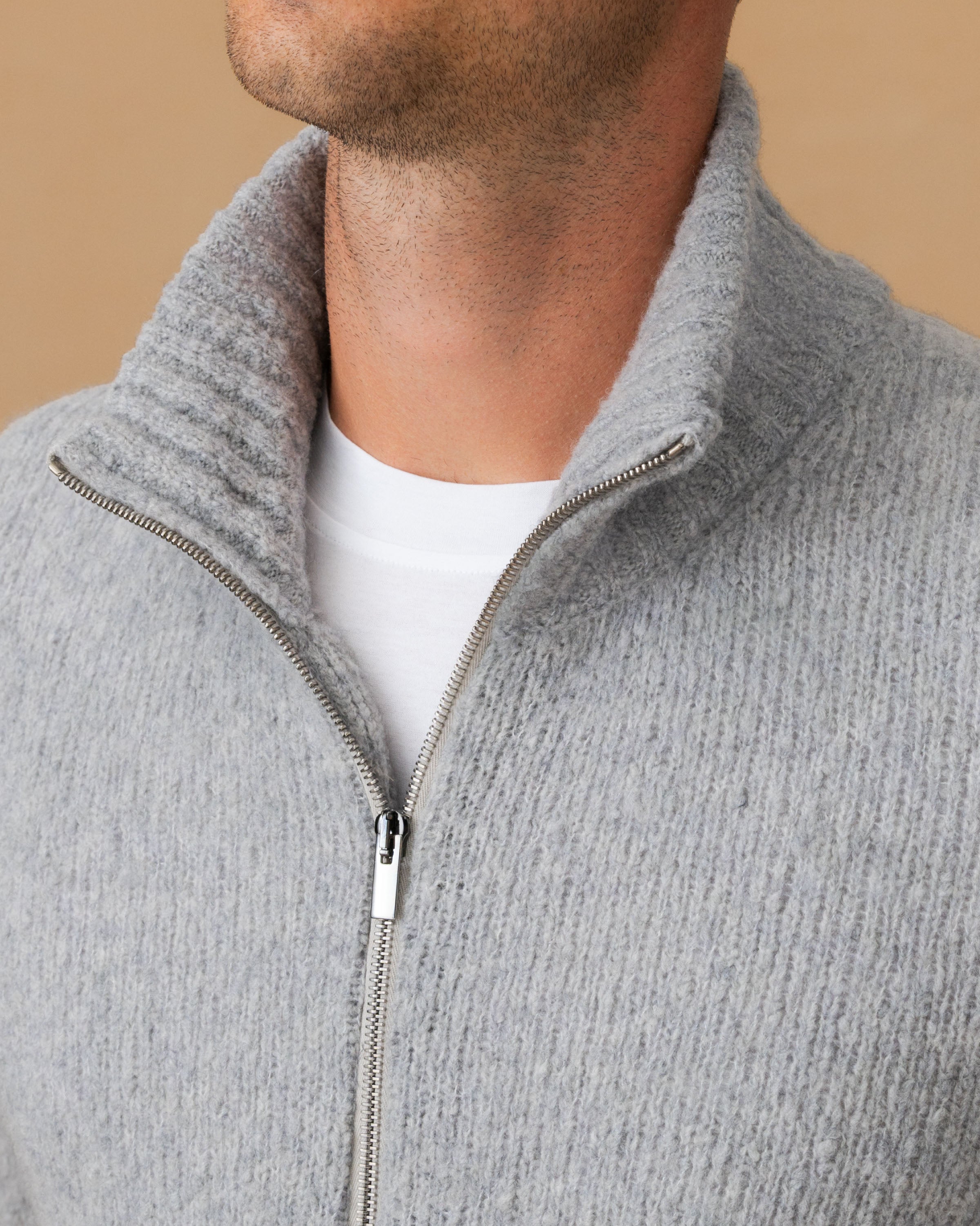 Felted Wool Cashmere Zip-Through Sweater Light Grey Neck Model Image