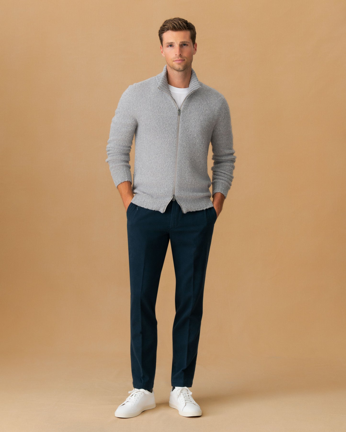 Felted Wool Cashmere Zip-Through Sweater Light Grey Main Model Image