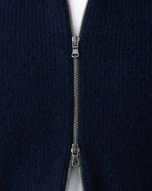 Felted Wool Cashmere Zip-Through Sweater Navy Zip Model Image