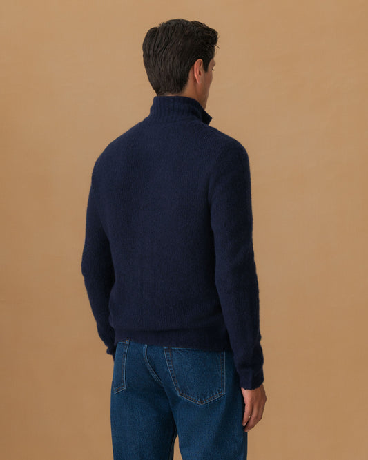 Felted Wool Cashmere Zip-Through Sweater Navy Back Model Image