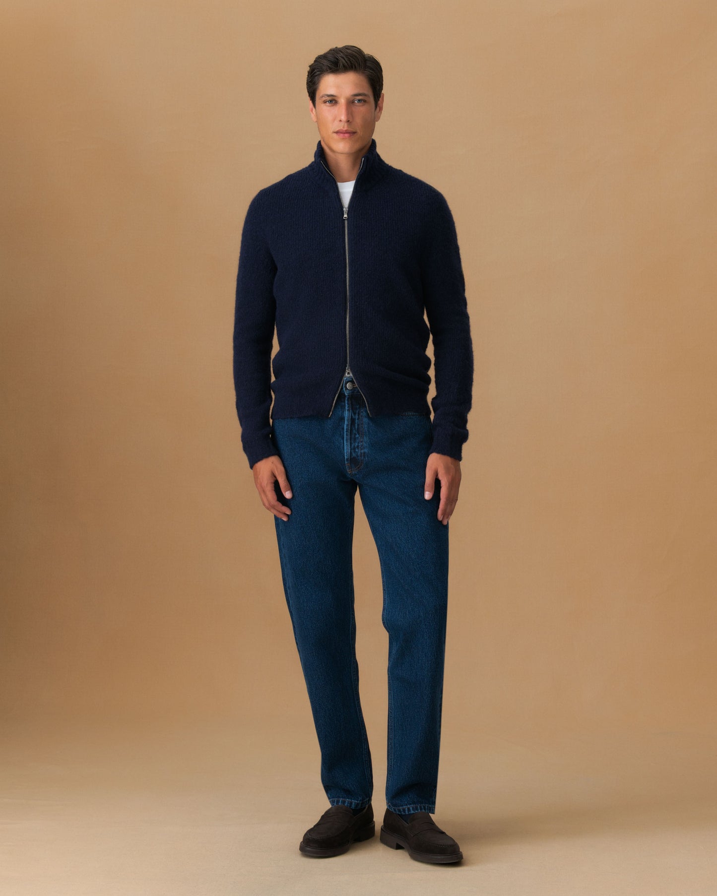 Felted Wool Cashmere Zip-Through Sweater Navy Main Model Image