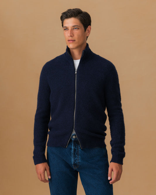 Felted Wool Cashmere Zip-Through Sweater Navy Cropped Model Image