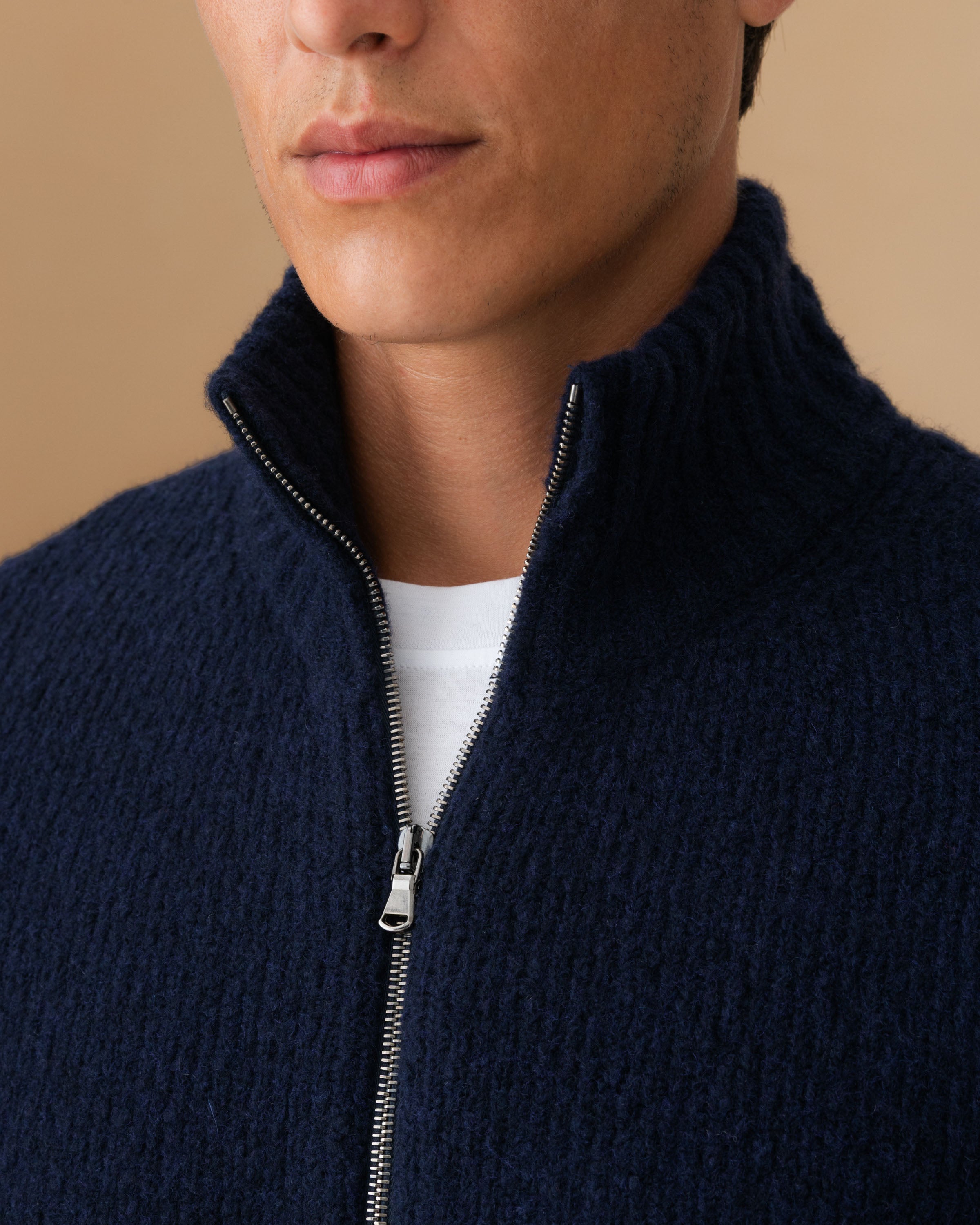 Felted Wool Cashmere Zip-Through Sweater Navy Neck Model Image