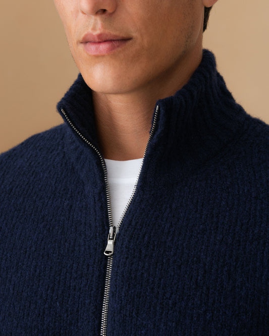 Felted Wool Cashmere Zip-Through Sweater Navy Neck Model Image