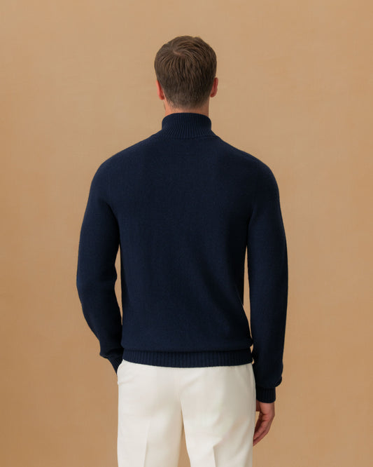 Cashmere Half-Zip Mock Neck Sweater Navy Back Model Image