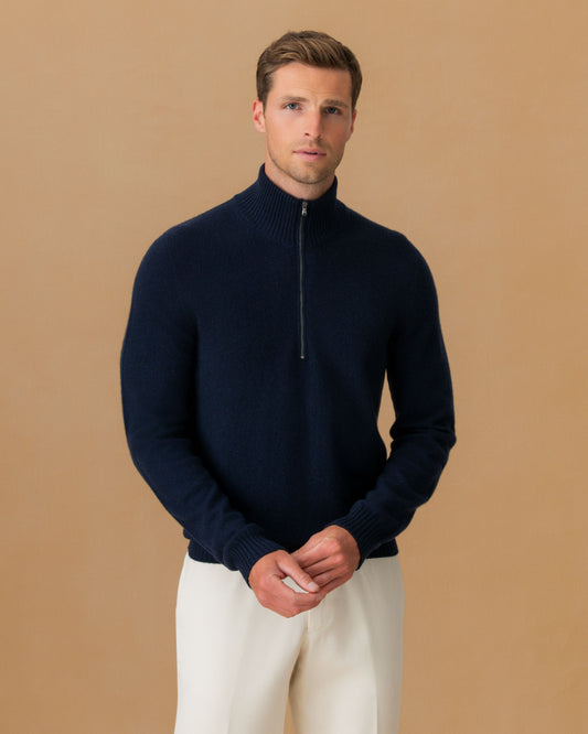 Cashmere Half-Zip Mock Neck Sweater Navy Main Model Image