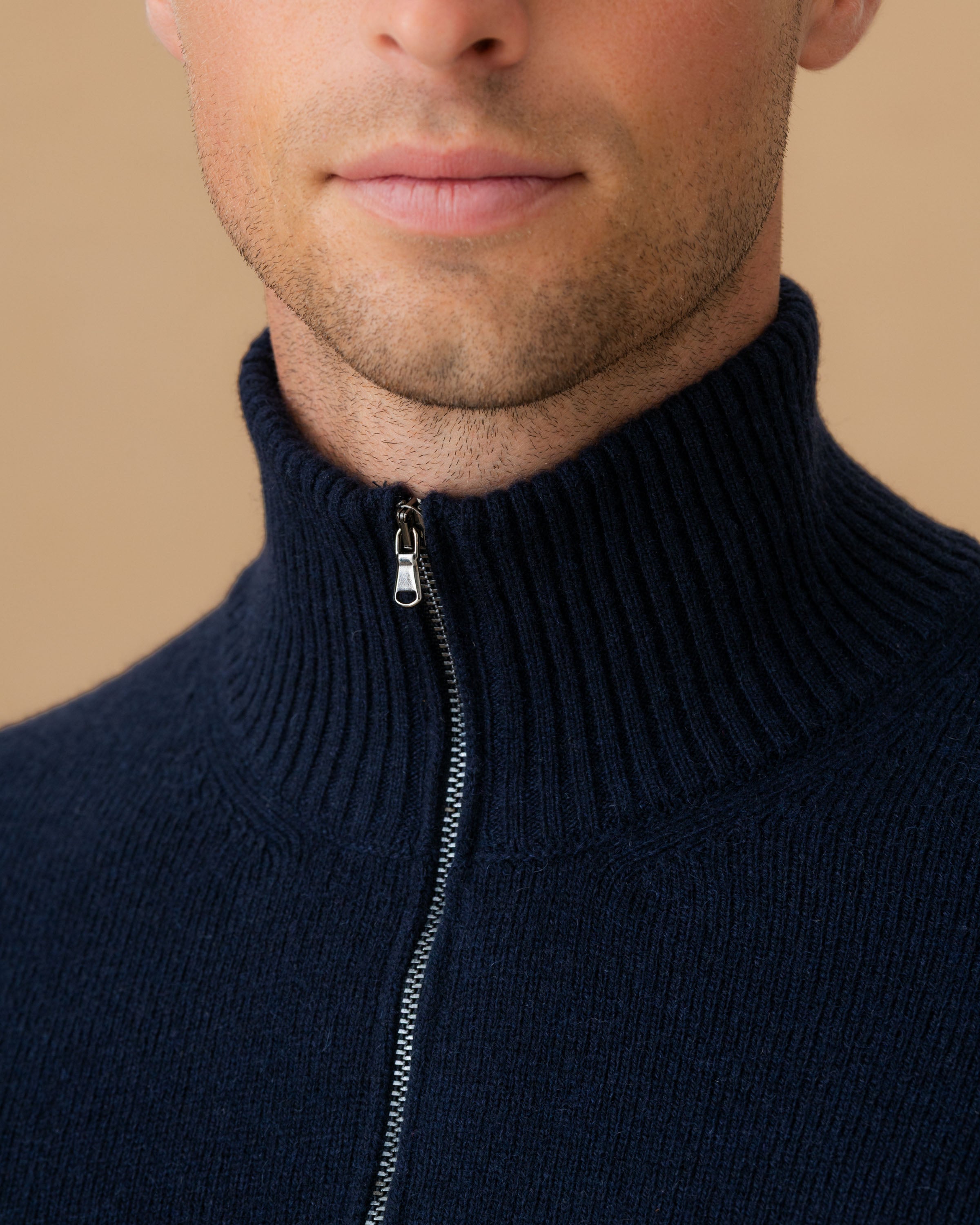 Cashmere Half-Zip Mock Neck Sweater Navy Zip Model Image