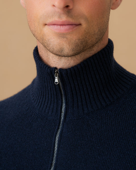 Cashmere Half-Zip Mock Neck Sweater Navy Zip Model Image