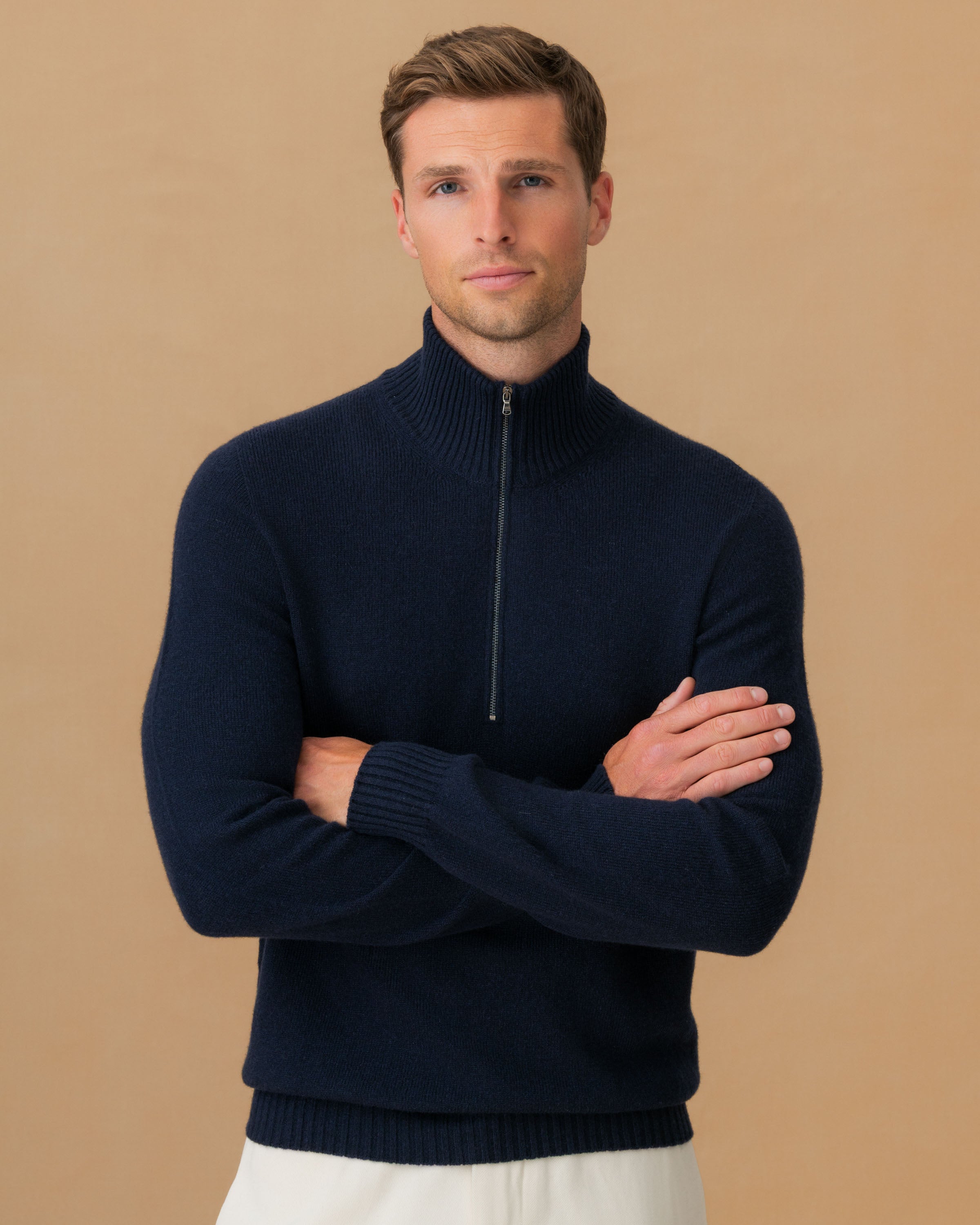 Cashmere Half-Zip Mock Neck Sweater Navy Cropped Model Image