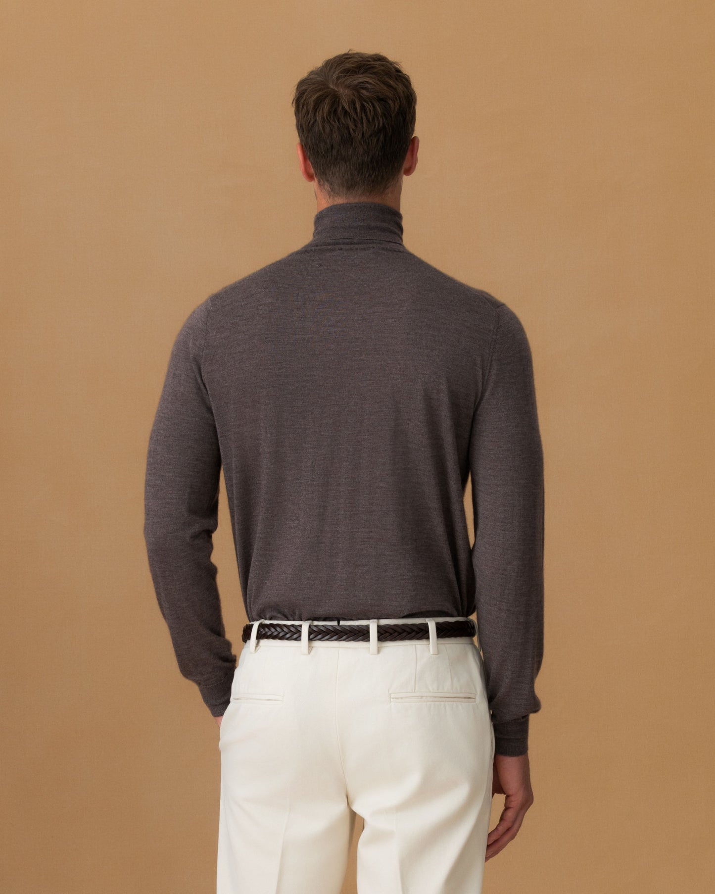 Cashmere Silk Extrafine Roll Neck Sweater Brown Back Model Image