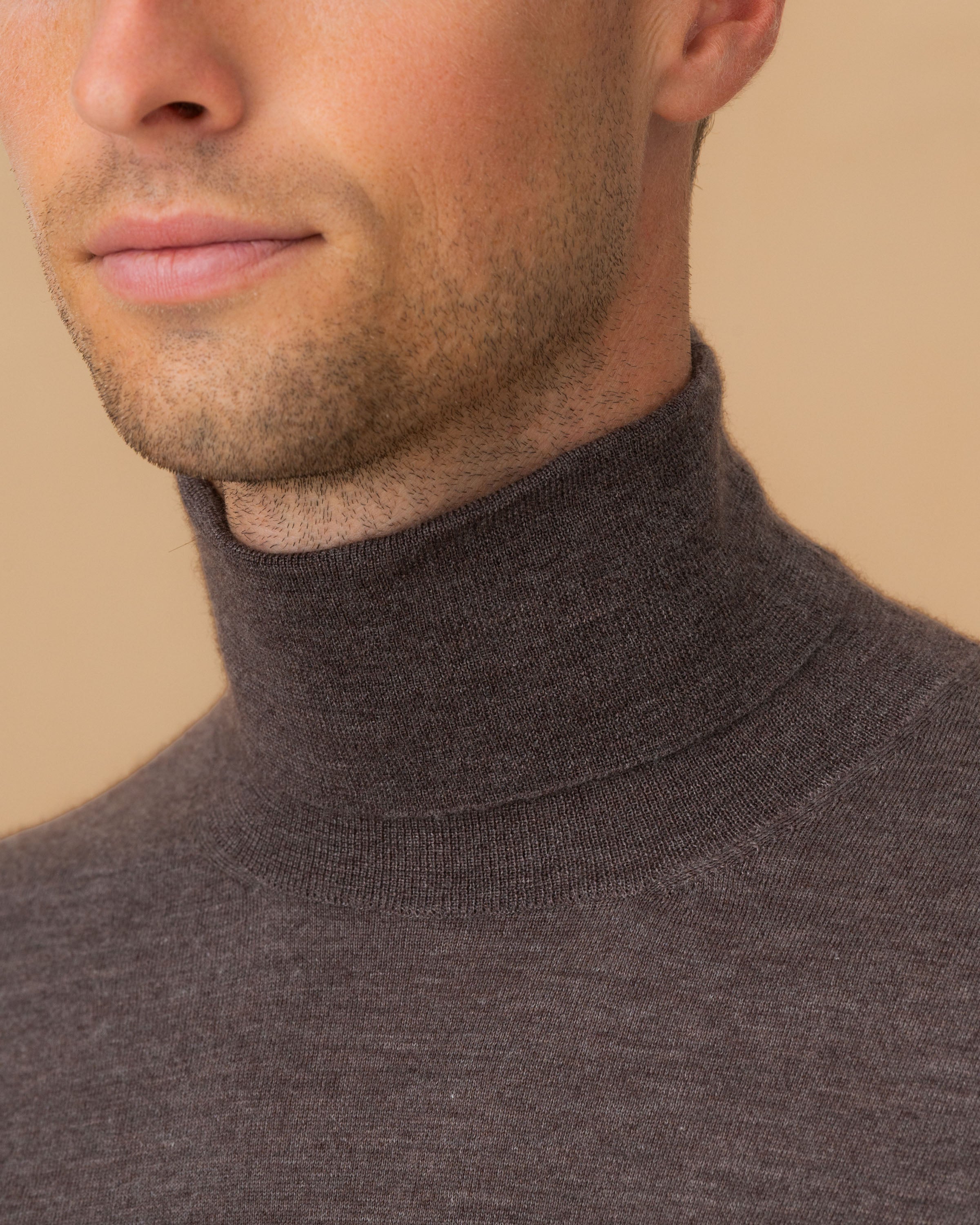 Cashmere Silk Extrafine Roll Neck Sweater Brown Neck Model Image