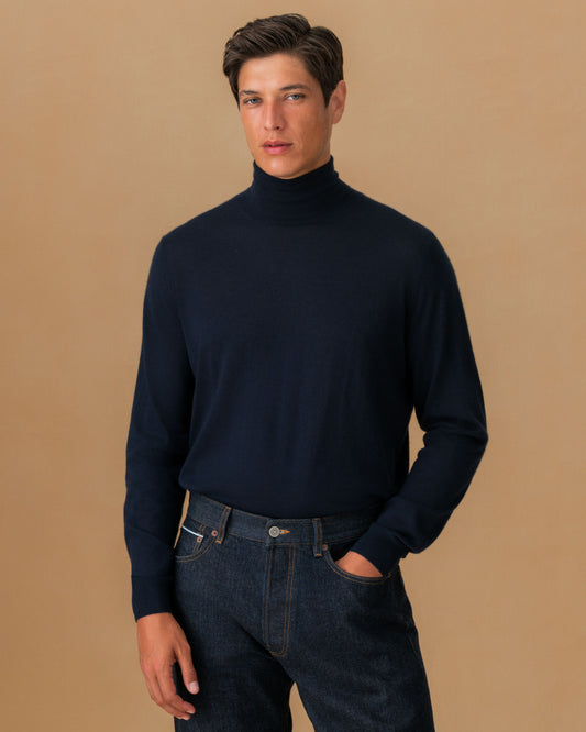 Cashmere Silk Extrafine Roll Neck Sweater Navy Cropped Model Image