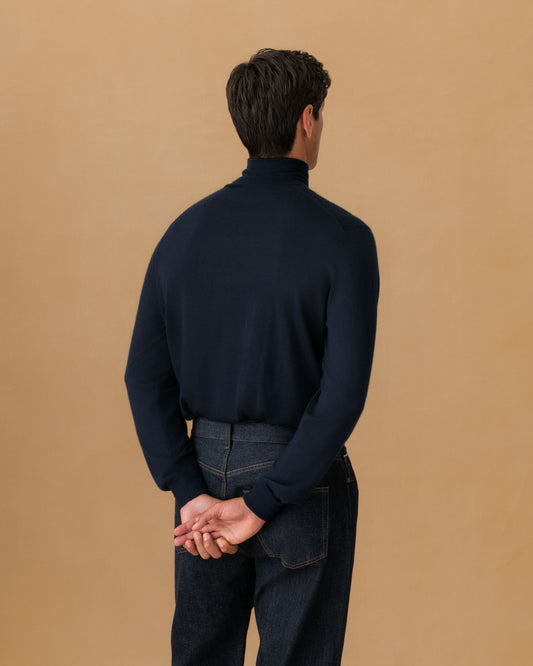 Cashmere Silk Extrafine Roll Neck Sweater Navy Back Model Image