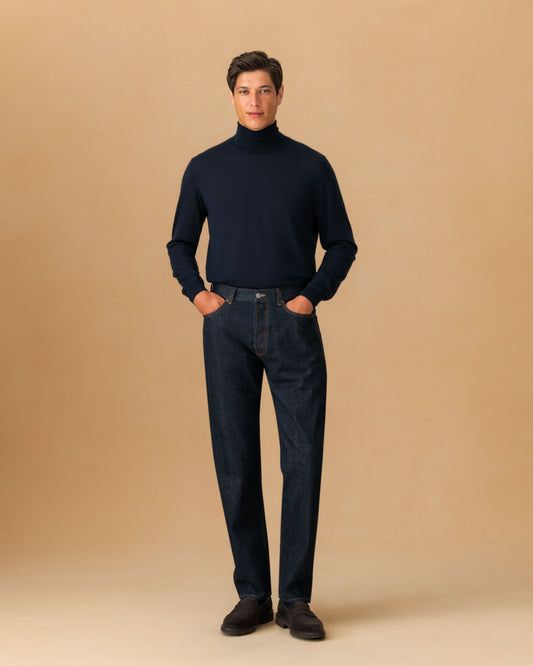 Cashmere Silk Extrafine Roll Neck Sweater Navy Main Model Image