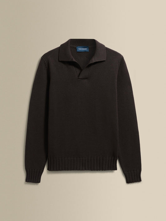 Virgin Wool Long Sleeve Skipper Polo Shirt Dark Brown Product Image