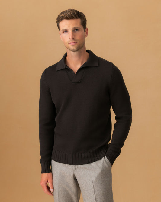 Virgin Wool Long Sleeve Skipper Polo Shirt Dark Brown Cropped Model Image