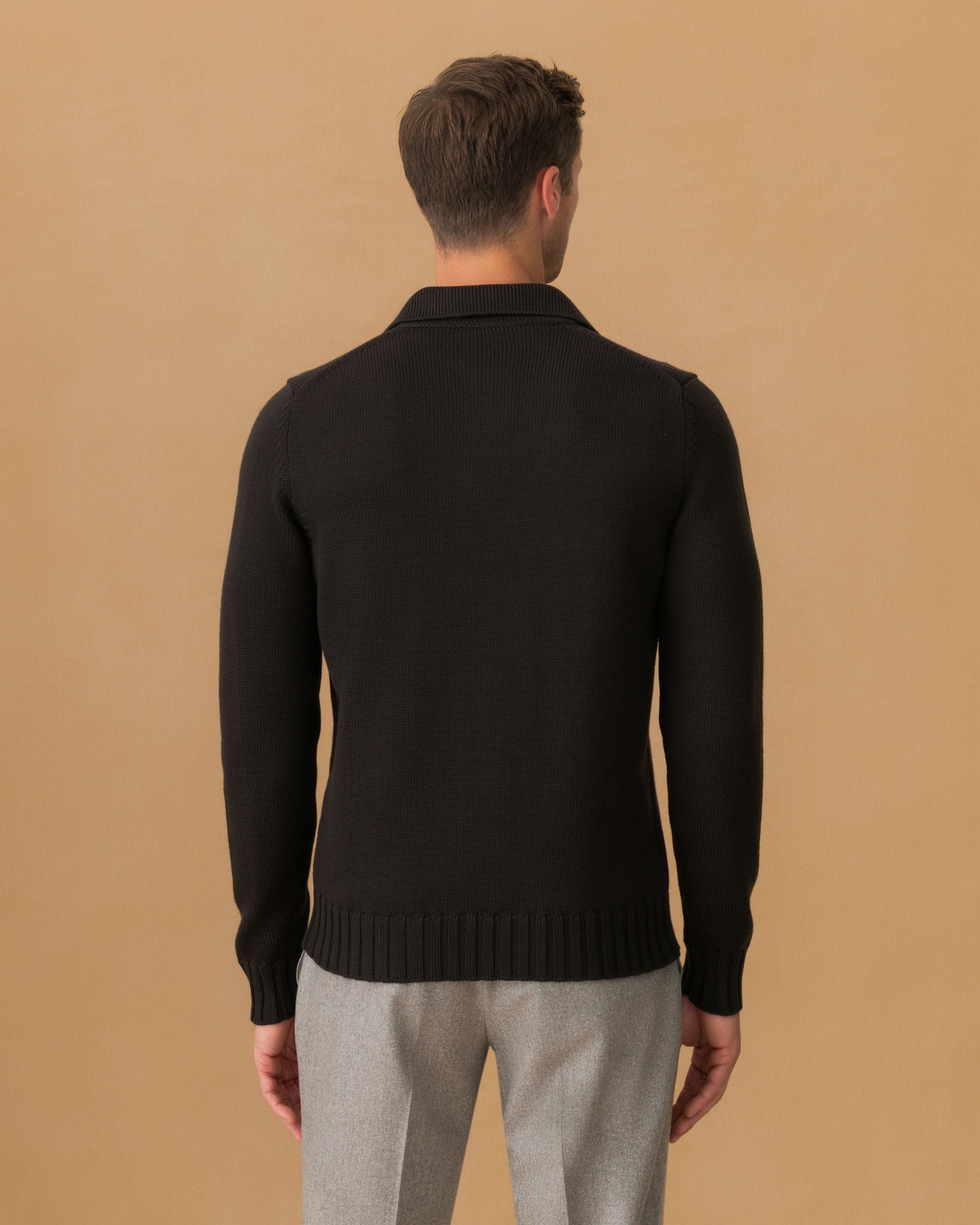 Virgin Wool Long Sleeve Skipper Polo Shirt Dark Brown Back Model Image