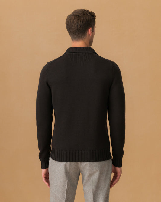 Virgin Wool Long Sleeve Skipper Polo Shirt Dark Brown Back Model Image