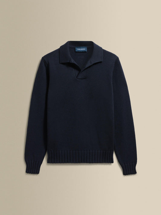 Virgin Wool Long Sleeve Skipper Polo Shirt Dark Navy Product Image