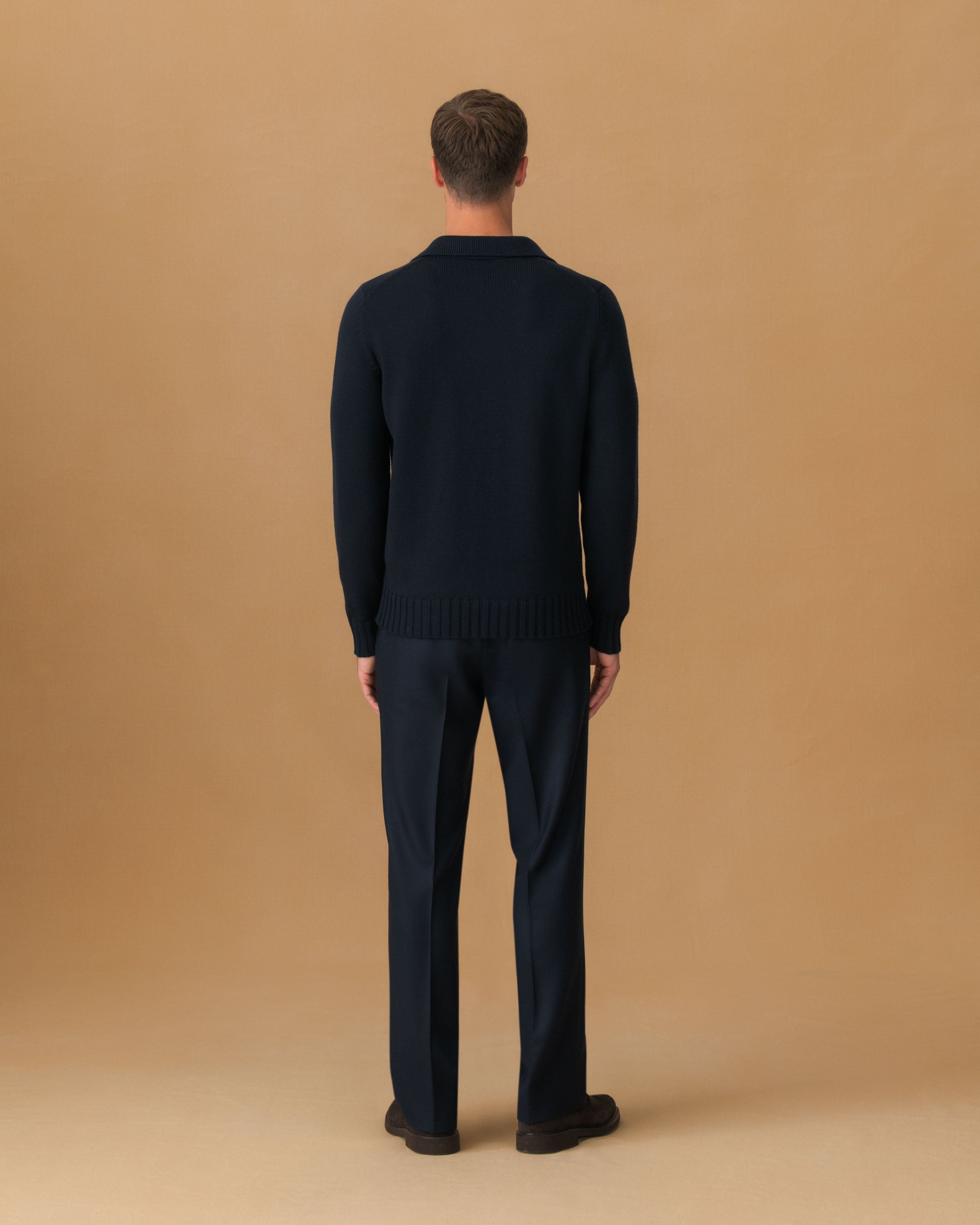 Virgin Wool Long Sleeve Skipper Polo Shirt Dark Navy Back Model Image