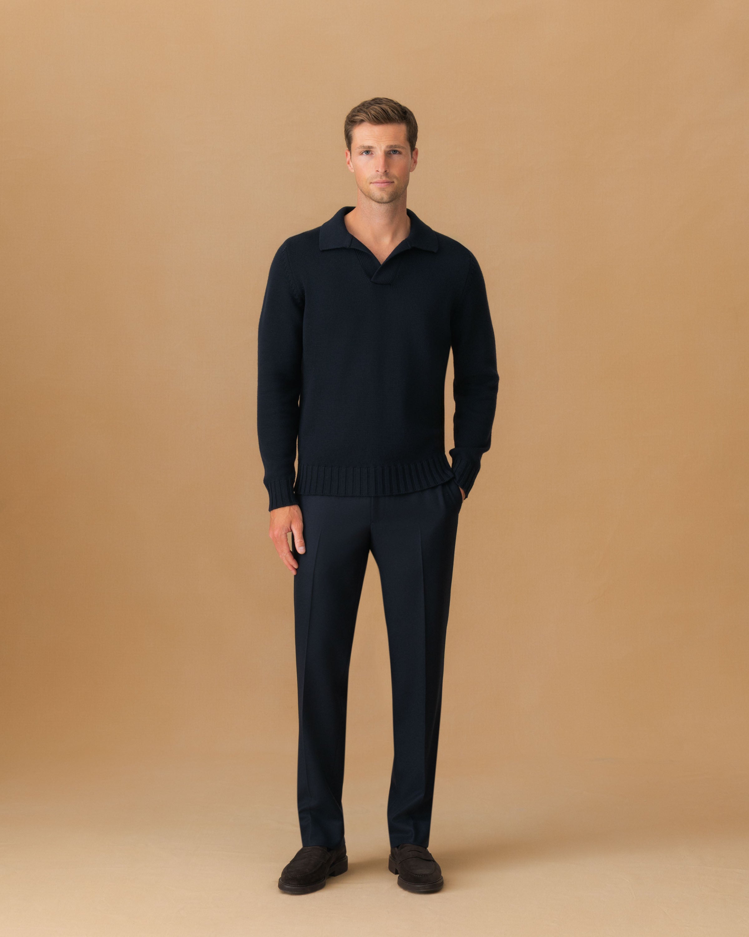 Virgin Wool Long Sleeve Skipper Polo Shirt Dark Navy Main Model Image