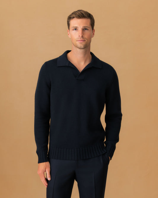 Virgin Wool Long Sleeve Skipper Polo Shirt Dark Navy Cropped Model Image