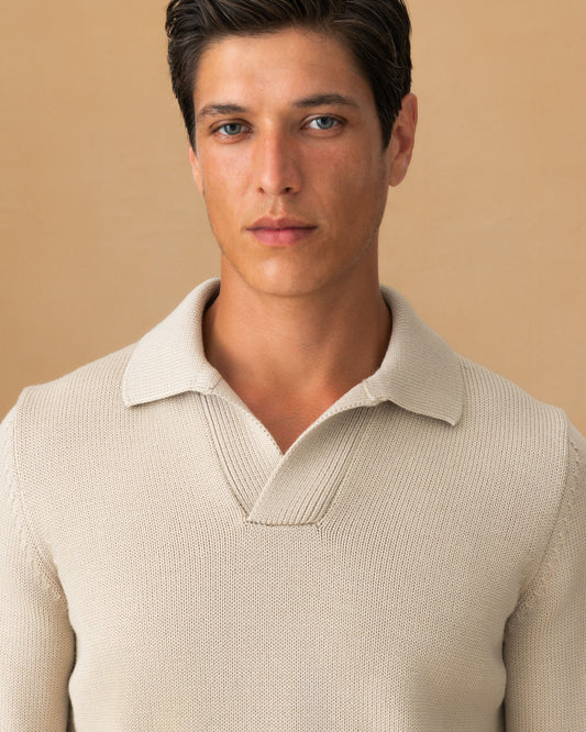 Virgin Wool Long Sleeve Skipper Polo Shirt Oat Collar Model Image