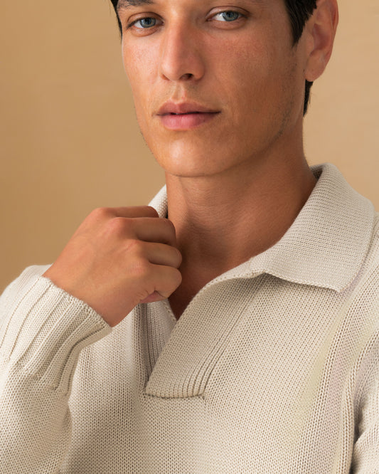 Virgin Wool Long Sleeve Skipper Polo Shirt Oat Sleeve Model Image