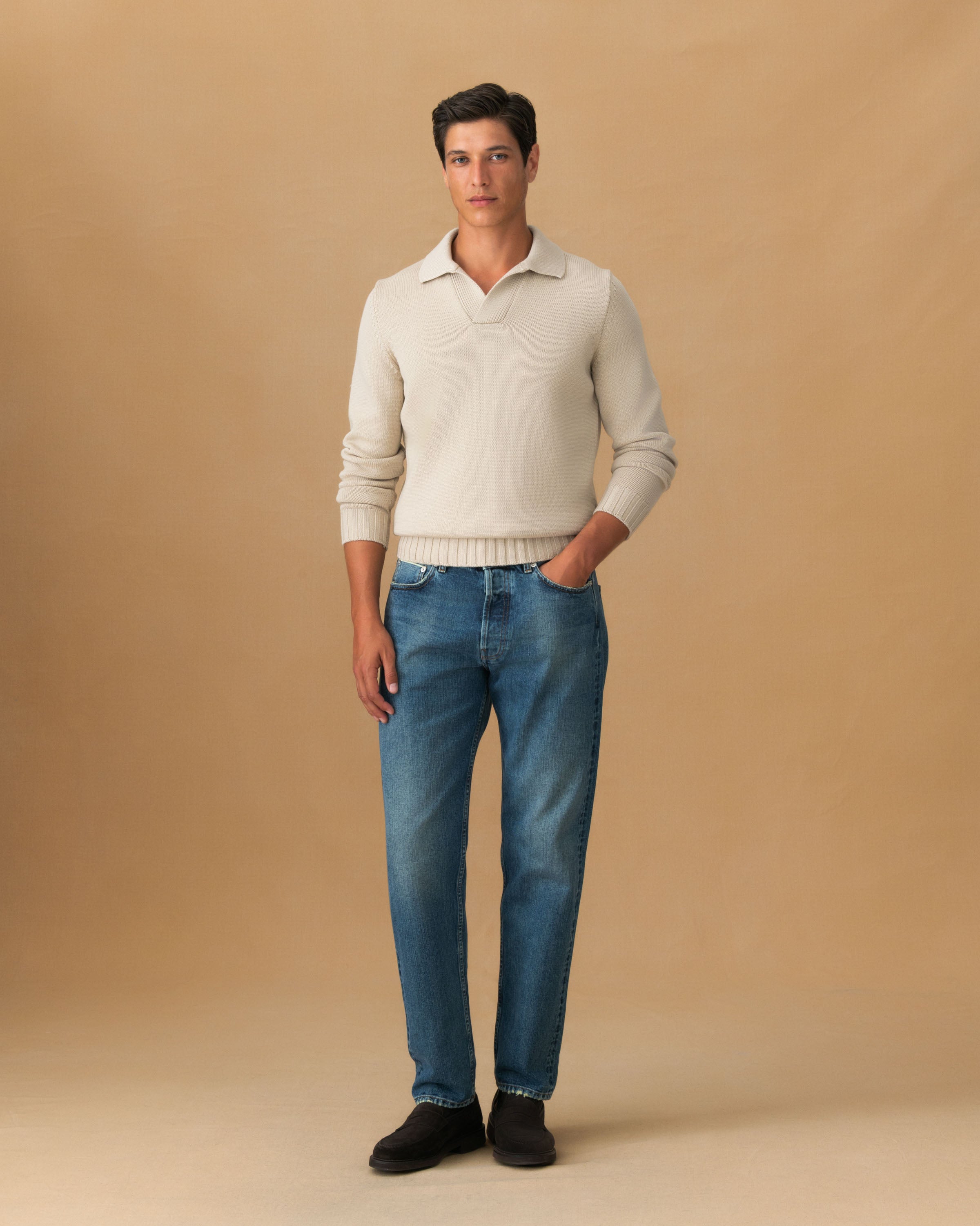 Virgin Wool Long Sleeve Skipper Polo Shirt Oat Main Model Image