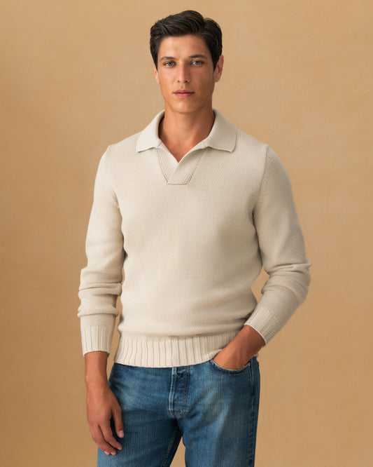 Virgin Wool Long Sleeve Skipper Polo Shirt Oat Cropped Model Image