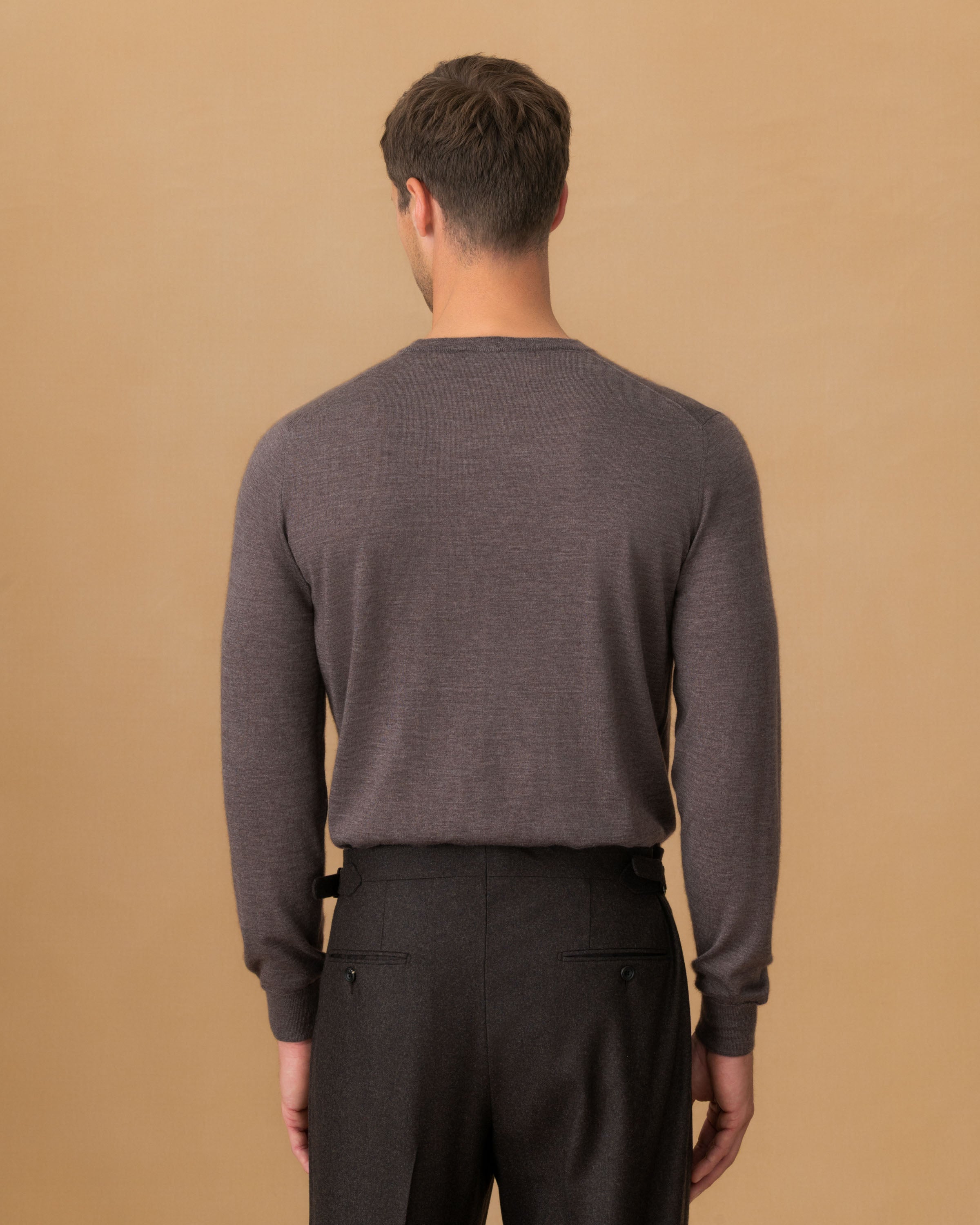 Cashmere Silk Extrafine Crew Neck Sweater Brown Back Model Image